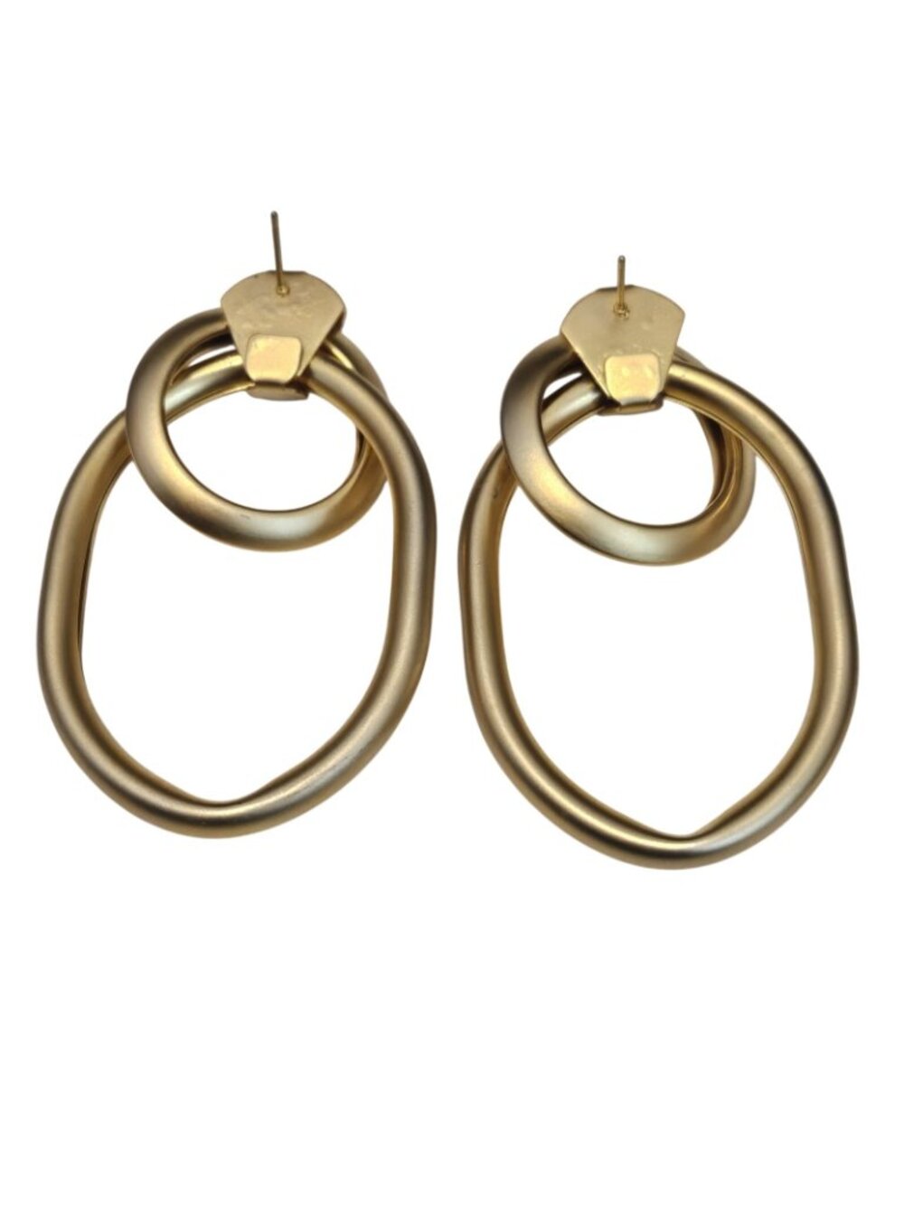 Brushed Gold Tone Double Ringed Pierced 2.5" Drop Earrings - Picture 2 of 2